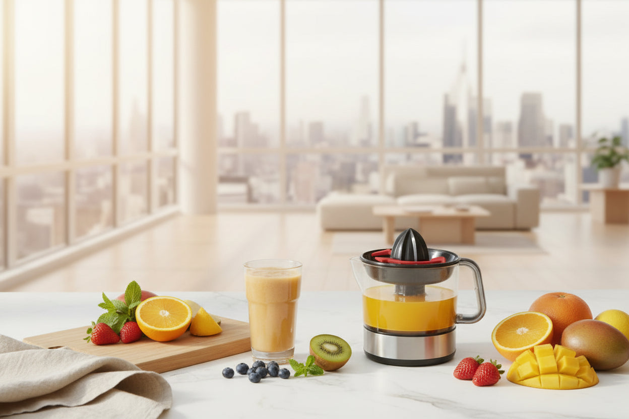 Person using a manual juicer with text 'Auto-Reversing Rotation' on an orange background.