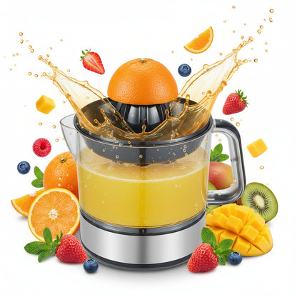 Orange being juiced with a manual juicer on a white background