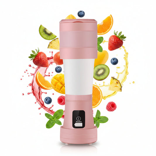 Pink and white portable juicer on a white background