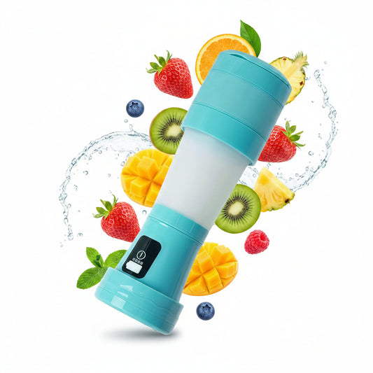 blue and white portable juicer on a white background