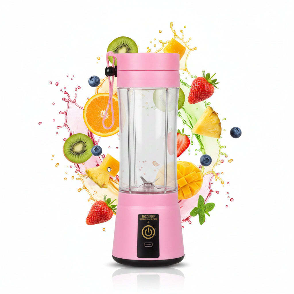 Pink portable blender with a clear container on a white background