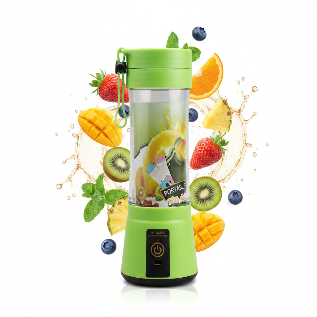 Green portable blender with a clear container on a white background