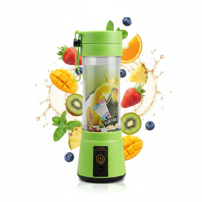 Green portable blender with a clear container on a white background