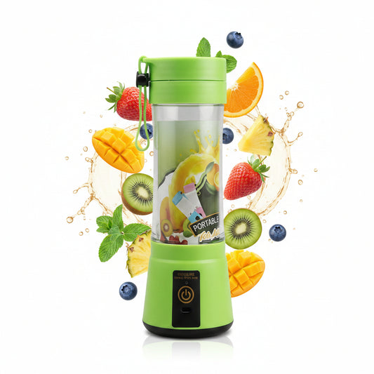Green portable blender with a clear container on a white background