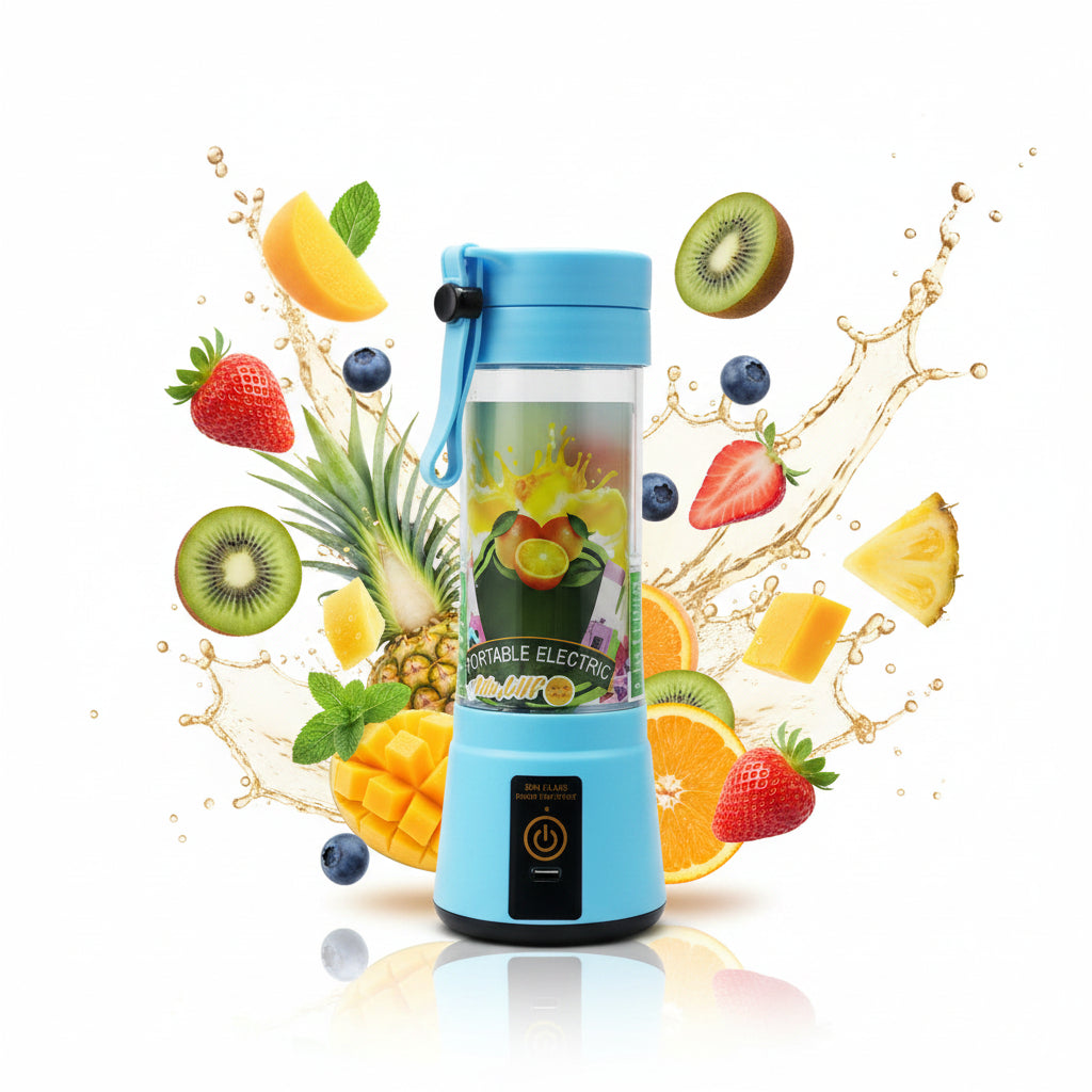 Blue portable blender with fruit illustration on a white background